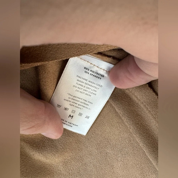 Mote Soft Tan Camel Faux Suede Full Zip Flowy Angled Drapey Lapels Moto Jacket M - Picture 5 of 6